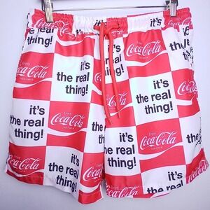 Coca-Cola Men Red White Checkerboard Swim Trunks Shorts M Logo Print Beach